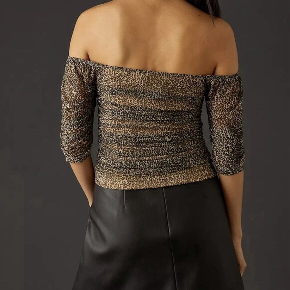 ANTHROPOLOGIE Brown & Cream Leopard Print Off the Shoulder Shirred Mesh … - Picture 3 of 8